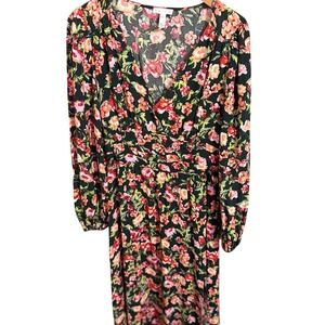 Leith‎ Women's Floral Print Midi Dress Long Sleeve V Neck Smocked Waist